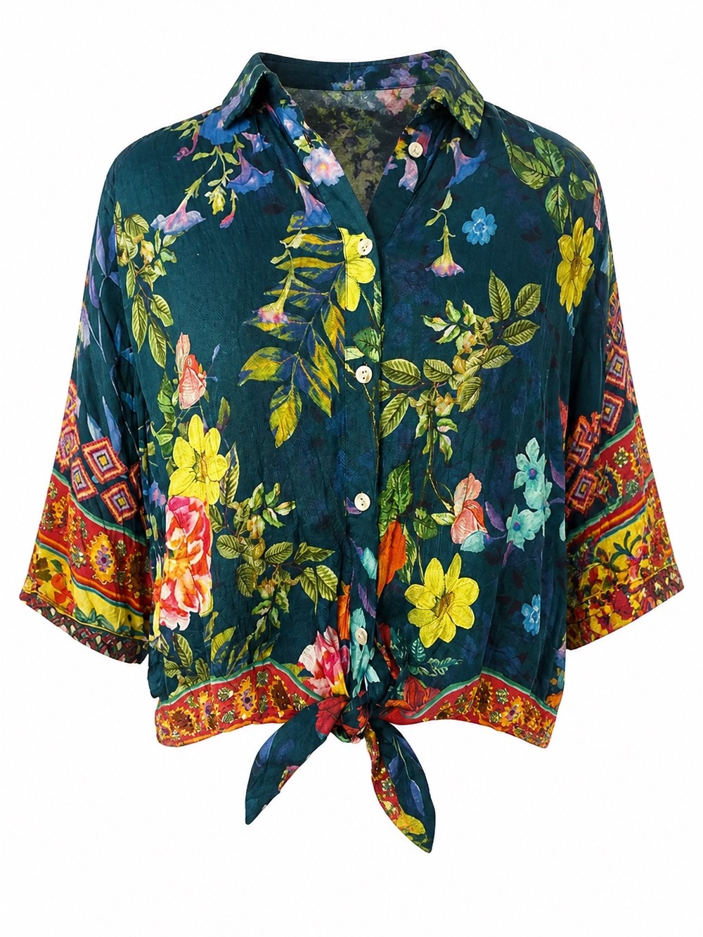 Ruby Yaya - Rhinestone Details Floral Tie-Front Women's Blouse Flowy